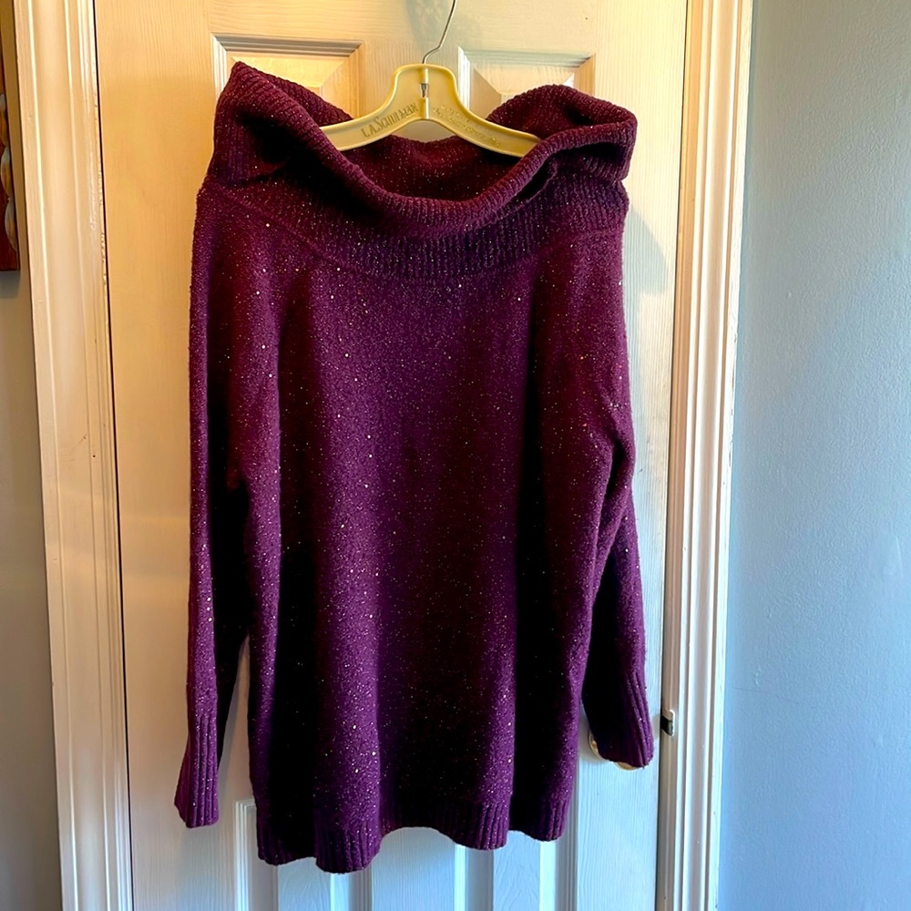 Maroon colored glittery cowl neck sweater from Chico’s- size 3 (XL)